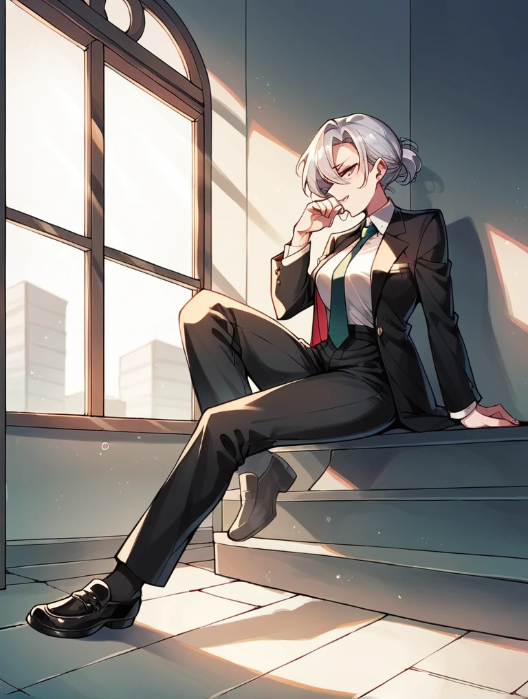 A woman wearing a black suit, tie, black long pants, leather shoes, and black socks breaks a window.