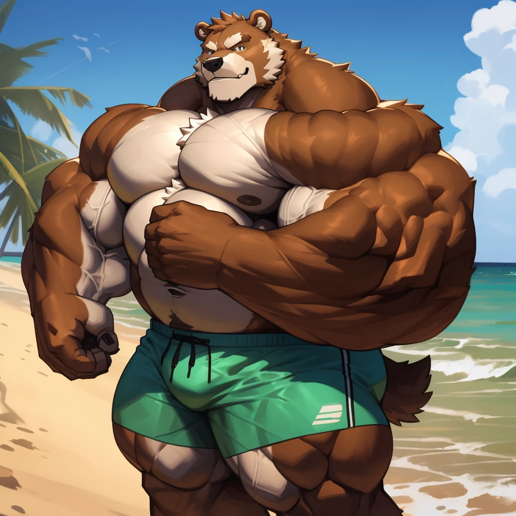 Solo, 1boy, detailed muscle,(furry brown bear), good anatomy, masterpiece, art winner, beach, extremely huge muscular, massive muscular, full-body, well-muscled old man. ((extremely muscle size, super thick arms, black competitive trunks huge pec, extremely wide pectoral, brown fur, huge arms)). and add details to make it attractive and interesting. Add textures and details to make the image more realistic, Make sure the resulting image is high resolution, 8K quality."