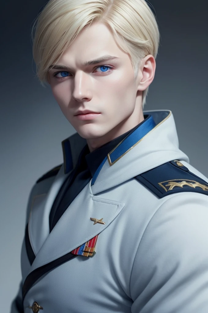 Make a Russian military man with short blond hair and blue eyes with white skin, an expression would be