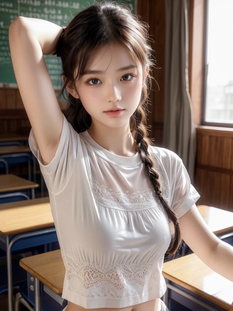 （masterpiece，Best quality，high quality，high risk，Ultra Detailed）,8K，masterpiece，RAW photos，best quality，Reality, intricate detail face，1 Girl，Detailed fabric texture，School，classroom，20 years old，Upper Body，（nsfw，Short-sleeved shirt，Show your armpits，Braids：1.5）