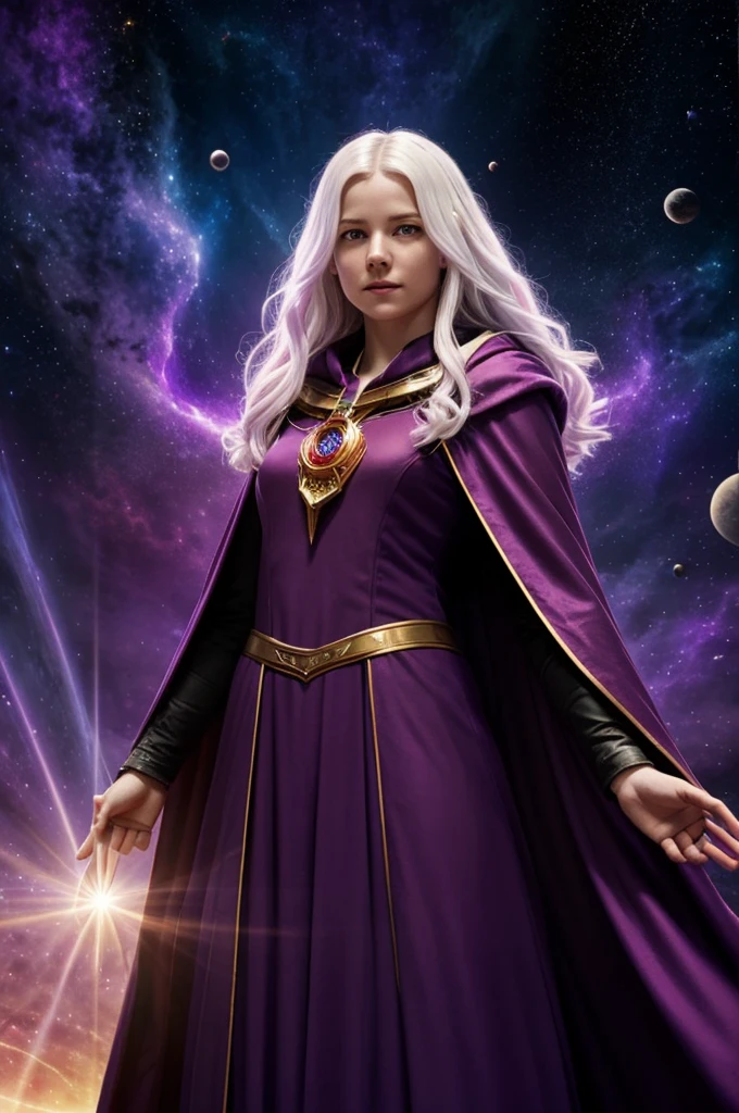 Against the background of space with a purple glow , in the foreground there is a young witch with milky flowing white hair in a red cloak, hands raised up, on the chest there is an amulet in the form of a golden sun
