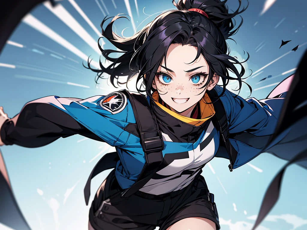 A girl in the Boku no hero style, She is wearing her hero outfit which consists of, a long-sleeved jumpsuit that covers your entire neck and ends in shorts, on top a kimono with a raven on each side drawn on it,
.The girl has black hair with blue highlights tied in a ponytail and cut at the sides., She has freckles on her dark skin with one green eye and one blue eye. She has a horn on each side of her head, one blue and one black., she is training with an excited smile