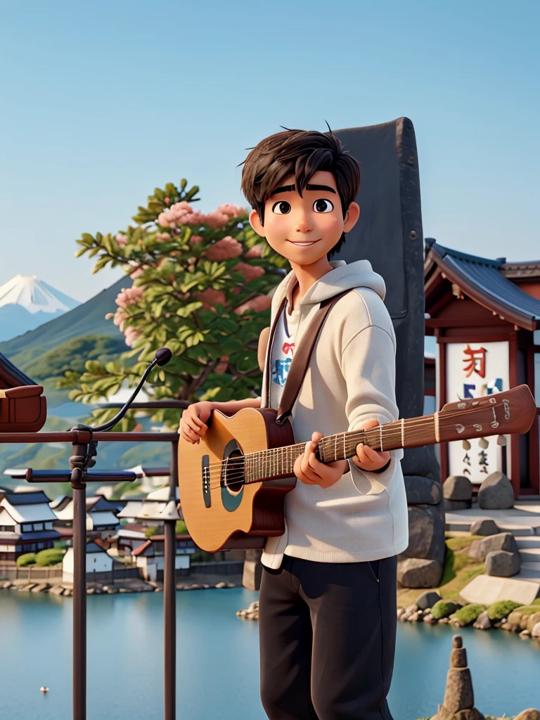 Masterpiece best quality male asian brazilian short hair playing guitar on top of Mount Fuji in Japan.