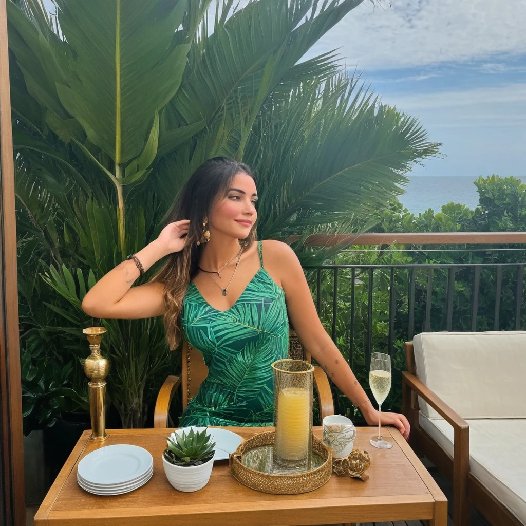 une femme séduisante dans un cadre parfait pour un post Instagram. La femme a une silhouette élancée et porte une robe moulante élégante de couleur vert émeraude avec des détails sophistiqués et séduisants. Ses cheveux sont longs, bouclés et d'un blond doré, tombant librement sur ses épaules. Elle porte un maquillage glamour avec un rouge à lèvres rose vif et un eye-liner dramatique. La femme pose de manière confiante, une main sur la hanche et l'autre tenant une coupe de champagne, avec un sourire séduisant et envoûtant sur son visage. Le décor est une terrasse tropicale luxuriante, située dans un complexe de villas de luxe en bord de mer, avec une vue imprenable sur l'océan au coucher du soleil. La terrasse est éclairée par des lanternes en rotin suspendues qui créent une ambiance chaleureuse et intime. Autour de la terrasse, il y a des fauteuils en osier avec des coussins moelleux et des tables basses en bois exotique. Des guirlandes lumineuses et des bougies parfumées ajoutent une touche romantique et magique. Des palmiers et des plantes tropicales luxuriantes accentuent l'ambiance paradisiaque du lieu. À proximité, une table basse en verre est décorée avec des fleurs tropicales, des coquillages et des verres à cocktail, ajoutant une touche de luxe et d'exotisme. La palette de couleurs est tropicale et vibrante, dominée par des tons de vert émeraude, de doré et de rose, avec une ambiance générale de luxe, de séduction et de paradis exotique.