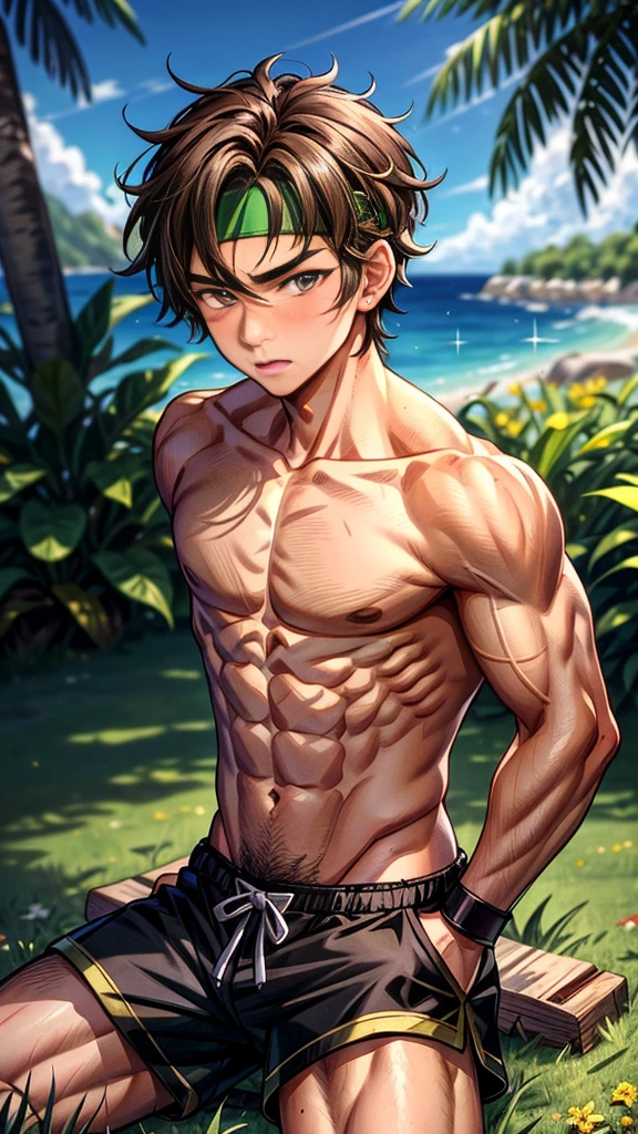 (Masterpiece, Best quality 12 year old boy，Shota), 1boys, Young,Muscular, Short hair, with brown eye, Intricate, Grass, full bodyesbian, Shirtless, Muscles sparkle in the sun,Black shorts,  green headband, Vivid colors,(Depth of field:1.2),(Abs),Blush, view the viewer, Sit on grass,