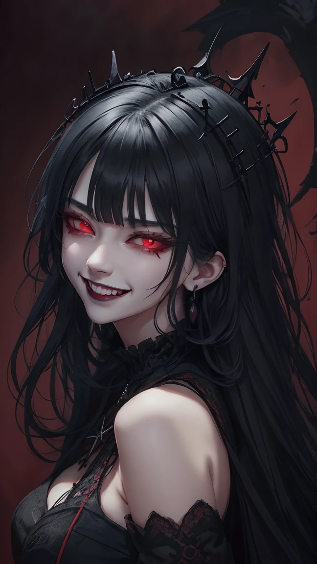 Close-up portrait of a vampire girl , Blue Hair,short hair, Yoran Genshin Impact, Complicated Dress, ((Gothic)) noble, Red background,With a smile,large crown,Red eyes,Evil look,Evil Gaze.Black Earrings,Black Ring,Devilish Laugh,smile,Yamato,tooth, Goth Girl