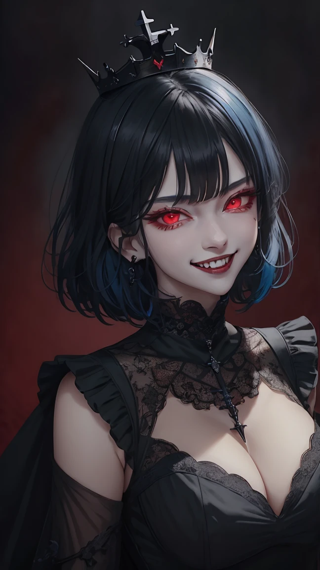 Close-up portrait of a vampire girl , Blue Hair,short hair, Yoran Genshin Impact, Complicated Dress, ((Gothic)) noble, Red background,With a smile,large crown,Red eyes,Evil look,Evil Gaze.Black Earrings,Black Ring,Devilish Laugh,smile,Yamato,tooth, Goth Girl