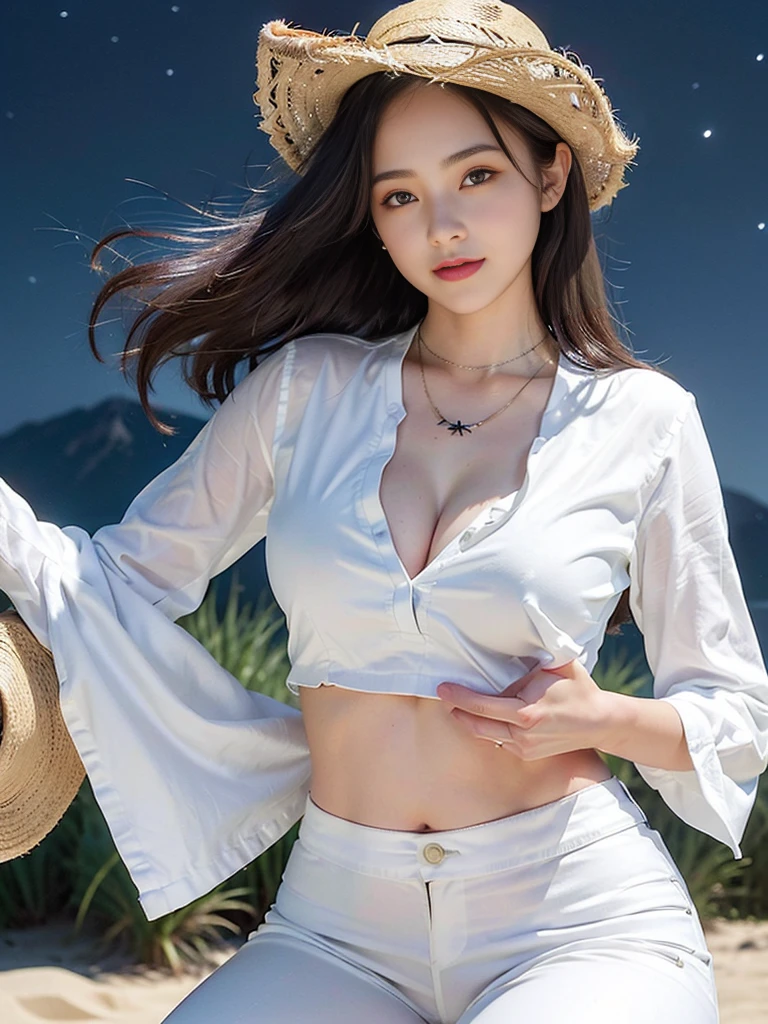 Look at this and smile、Colorful summer clothes、top quality、​masterpiece、超High resolution、(actual:1.4)、Very wide lens、close up、Young woman beautiful、Nice detailed eyes and skin、smile、Short brown hair haircut、bust、Small necklace、、straw fedora hat、、Summer sky、(highest image quality: 1.35), high quality, Realistic photo, (A beautiful woman:1.33), beautiful expression, (delicate eyes:1.3), (delicate face:1.3), Smile, (light hair silhouette:1.2), Super detailed , high resolution, Athletic figure, (big breasts:1.25), (long hair:1.2), (beautiful woman), (Cute navel:1.2), ( Depth of field f/1.8:1.45 ), sharp focus, original image , (Thin white shirt:1.45), (Thin white pants:1.4), (Thin white tight pants:1.4 ), (shirt thin white eyelashes:1.4), (thick thighs:1.5), (forward facing:1.25), (cowboy photo:1.4), (night sports:1.4), ( dark sky:1.5 ),