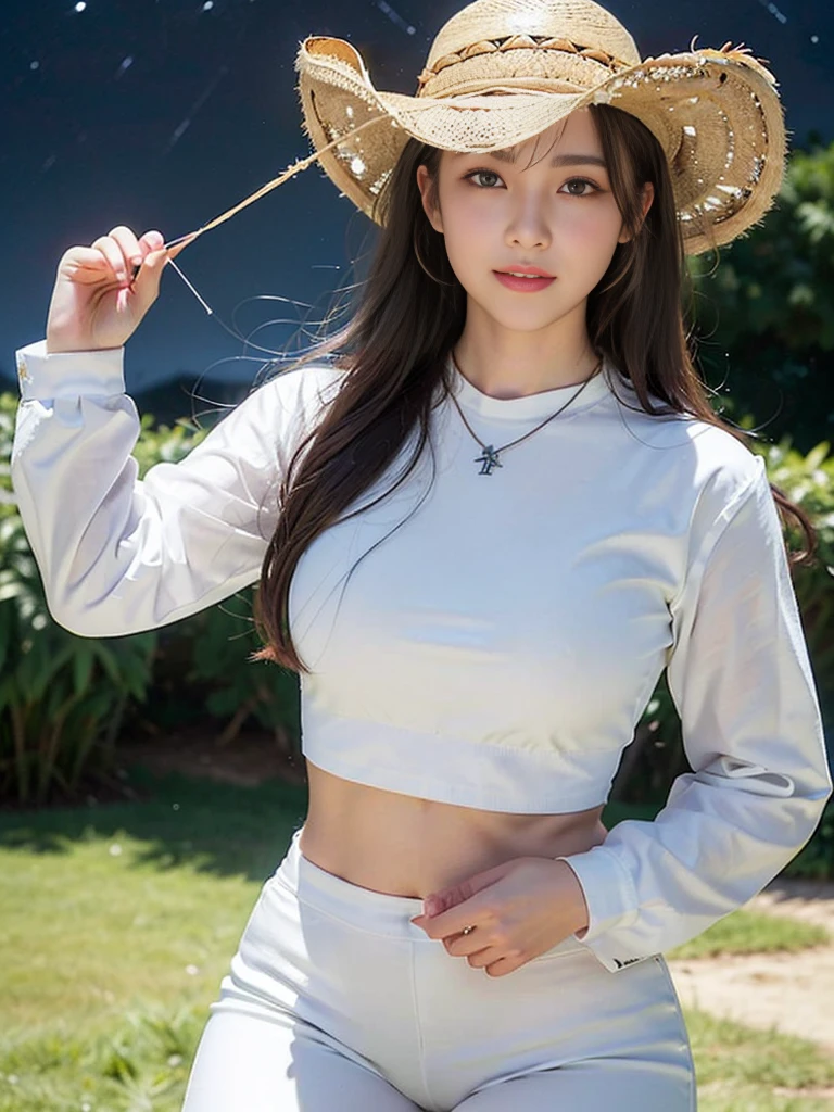Look at this and smile、Colorful summer clothes、top quality、masterpiece、超High resolution、(actual:1.4)、Very wide lens、close up、Young woman beautiful、Nice detailed eyes and skin、smile、Short brown hair haircut、bust、Small necklace、、straw fedora hat、、Summer sky、(highest image quality: 1.35), high quality, Realistic photo, (A beautiful woman:1.33), beautiful expression, (delicate eyes:1.3), (delicate face:1.3), Smile, (light hair silhouette:1.2), Super detailed , high resolution, Athletic figure, (big breasts:1.25), (long hair:1.2), (beautiful woman), (Cute navel:1.2), ( Depth of field f/1.8:1.45 ), sharp focus, original image , (Thin white shirt:1.45), (Thin white pants:1.4), (Thin white tight pants:1.4 ), (shirt thin white eyelashes:1.4), (thick thighs:1.5), (forward facing:1.25), (cowboy photo:1.4), (night sports:1.4), ( dark sky:1.5 ),