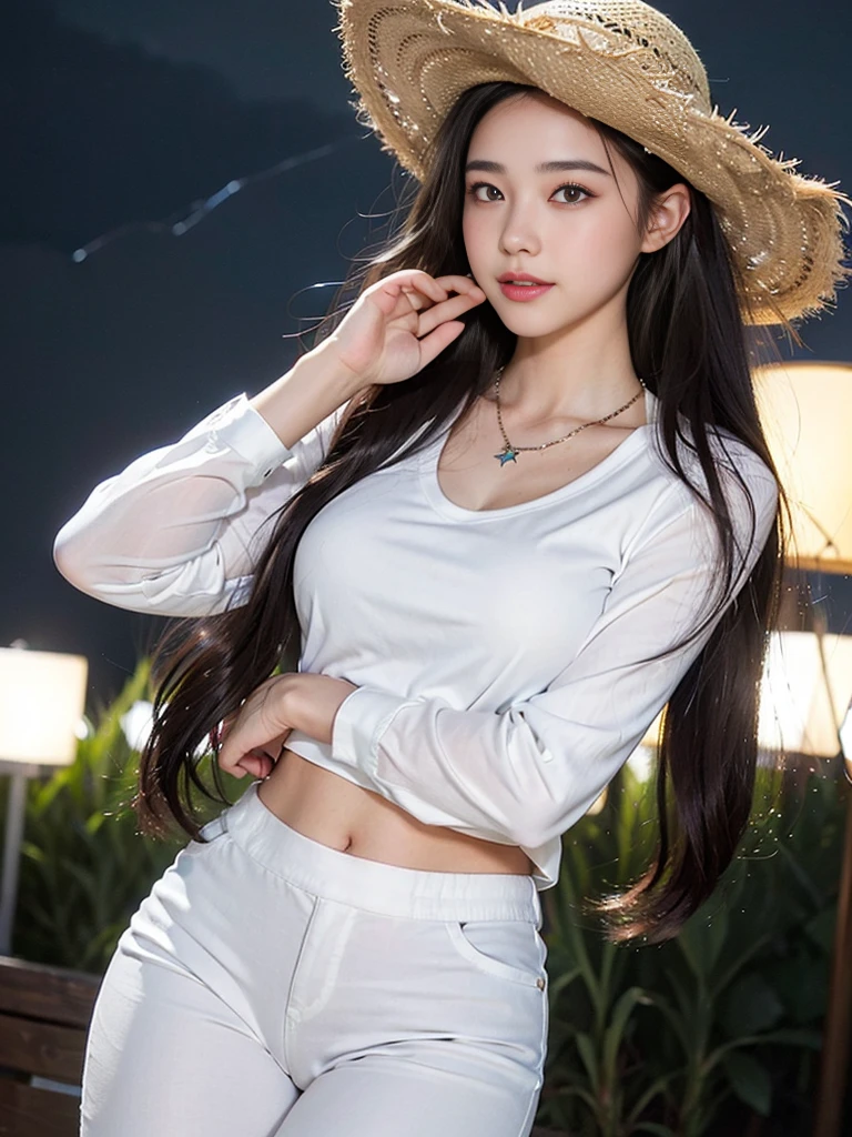Look at this and smile、Colorful summer clothes、top quality、masterpiece、超High resolution、(actual:1.4)、Very wide lens、close up、Young woman beautiful、Nice detailed eyes and skin、smile、Short brown hair haircut、bust、Small necklace、、straw fedora hat、、Summer sky、(highest image quality: 1.35), high quality, Realistic photo, (A beautiful woman:1.33), beautiful expression, (delicate eyes:1.3), (delicate face:1.3), Smile, (light hair silhouette:1.2), Super detailed , high resolution, Athletic figure, (big breasts:1.25), (long hair:1.2), (beautiful woman), (Cute navel:1.2), ( Depth of field f/1.8:1.45 ), sharp focus, original image , (Thin white shirt:1.45), (Thin white pants:1.4), (Thin white tight pants:1.4 ), (shirt thin white eyelashes:1.4), (thick thighs:1.5), (forward facing:1.25), (cowboy photo:1.4), (night sports:1.4), ( dark sky:1.5 ),