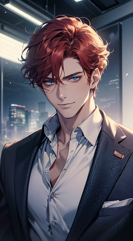 (best quality, masterpiece, 8K, photorealistic, cinematic lighting, 1:4 hdr image, ultra detailed, beautiful image), a mature man, 34 years very handsome, ((cold expression smile in love)), short red hair, blue eyes, face perfect without mistakes, ((buttoning his jacket, CEO))