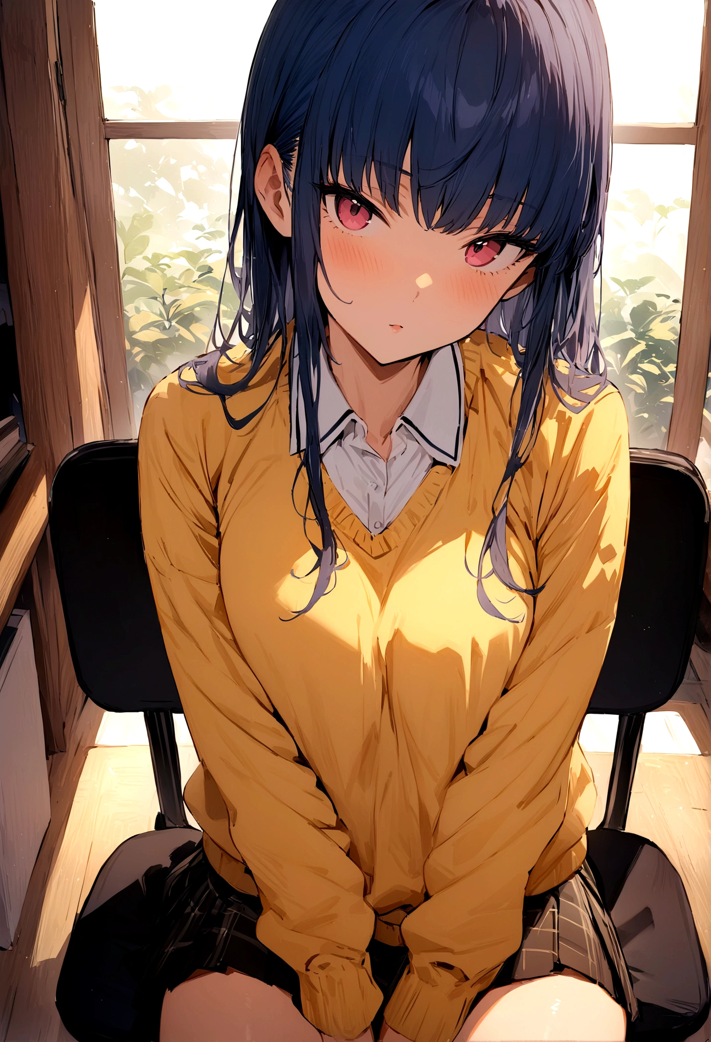 (masterpiece:1.4), (Highest quality:1.4), (High resolution:1.4), shima rin, View your viewers, Motosu High 、School、Sit on a chair、Cowboy Shot