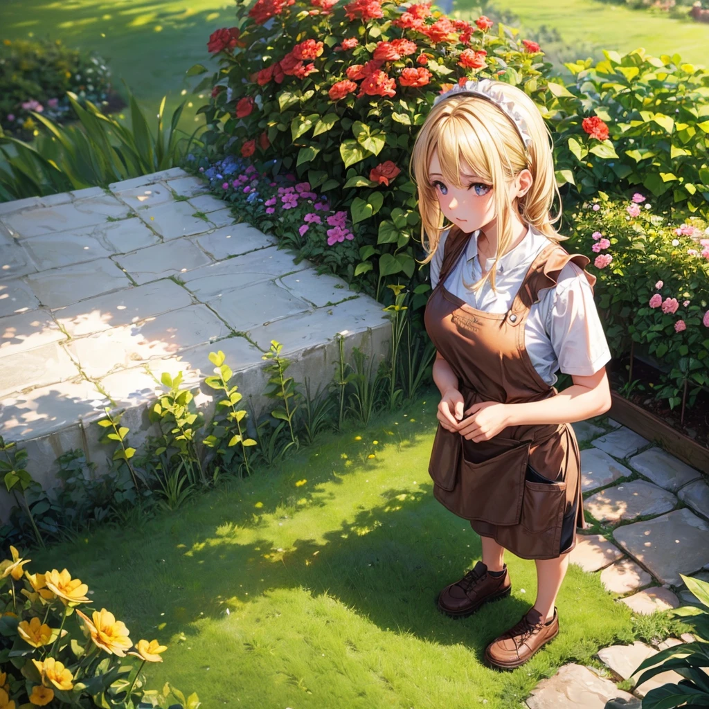 ((Female, blonde hair, brown eyes, in a garden, wearing dirty apron and shorts, body, gardener, 4k, great quality))