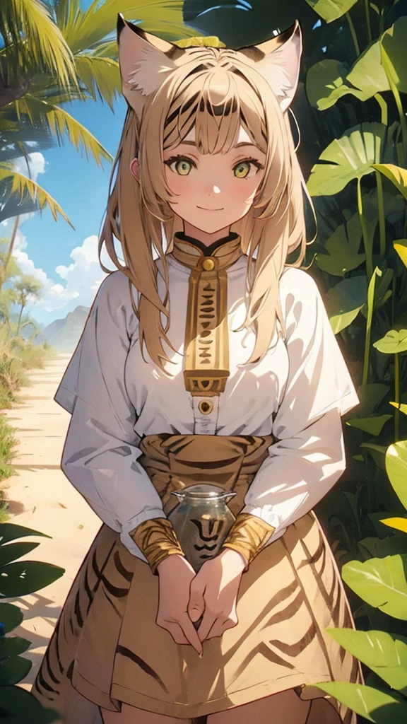 ((girl sand cat)), ((in african traditional clothes)), smile, 1.2:jug in hands, desert, very hot, a sun, wallpaper, manga art, professional art, ultra aesthetic, body detailed, hdr, pixiv, masterpiece, palms are detailed,
