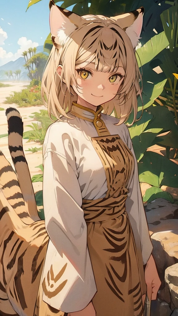 ((girl sand cat)), ((in african traditional clothes)), smile, 1.2:jug in hands, desert, very hot, a sun, wallpaper, manga art, professional art, ultra aesthetic, body detailed, hdr, pixiv, masterpiece, palms are detailed,
