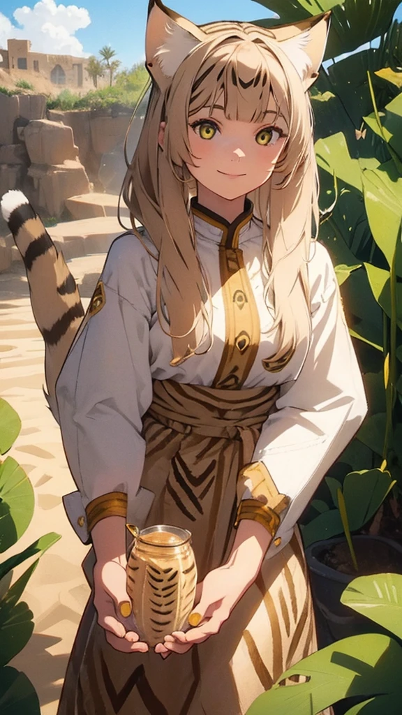 ((girl sand cat)), ((in african traditional clothes)), smile, 1.2:jug in hands, desert, very hot, a sun, wallpaper, manga art, professional art, ultra aesthetic, body detailed, hdr, pixiv, masterpiece, palms are detailed,
