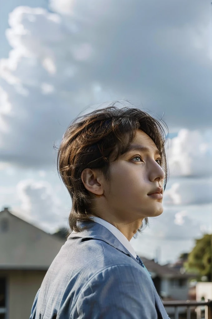 Beautiful and handsome very realistic curly-ish blonde-caramel haired kinda young asian male boy looking up in a open area with a house in the background and a light blue kinda cloudy sky, frontal vision