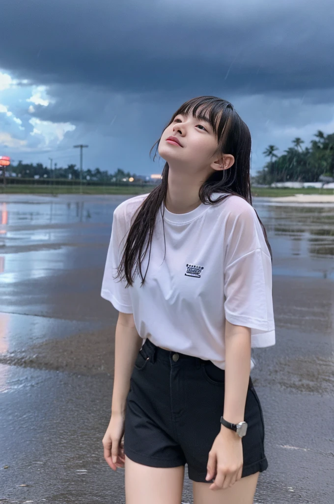 22year old beautiful girl、Highest image quality、realistic、16K、beautiful woman、long hair、With bangs、Pretty slim、heavy rain、While walking through the Beach in the rain、wet from heavy rain、Full body figure、Look up at the sky、sitting on the beach、Look up at the sky、Close your eyes and look up at the sky、Taking a shower of rain、白のＴシャツ、Shooting from a distance、目を閉じて