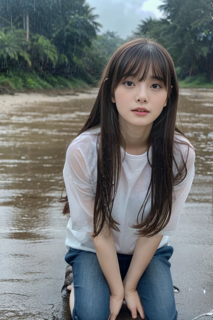 22year old beautiful girl、Highest image quality、realistic、16K、beautiful woman、long hair、With bangs、Pretty slim、heavy rain、While walking through the Beach in the rain、wet from heavy rain、Full body figure、Look up at the sky、sitting on the beach、Look up at the sky、Close your eyes and look up at the sky、Taking a shower of rain、白のＴシャツ、Shooting from a distance、目を閉じて