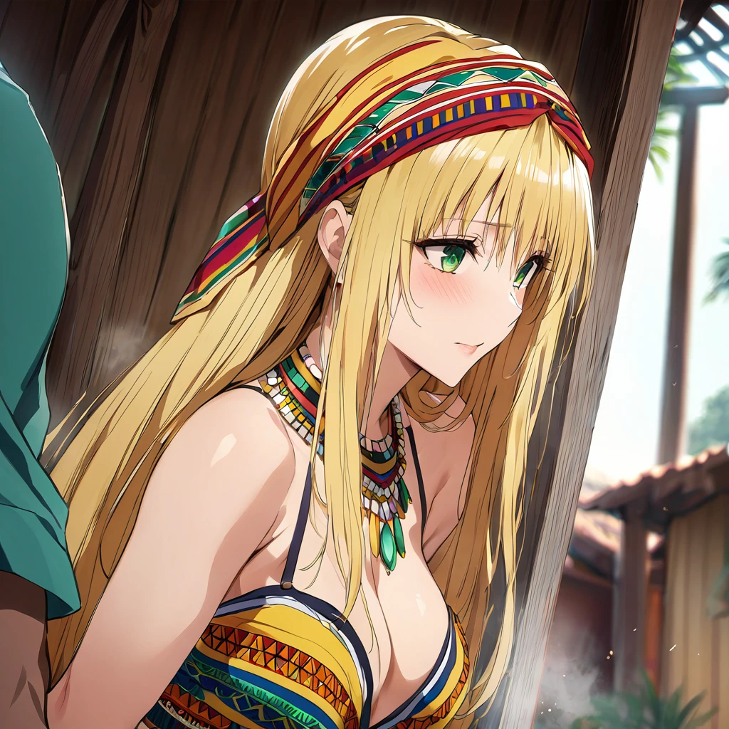 A woman is raped and violated by a man、((Highest quality)), ((masterpiece)), (detailed), （Perfect Face）、A woman is wearing a colorful Ghanaian dress, a colorful headscarf, gorgeous jeweled accessories and an engagement ring in a Ghanaian village in Tiare.、The woman is an elegant Tiare with green eyes and medium-long blonde hair. She is wearing a colorful Ghanaian dress and a colorful headscarf.