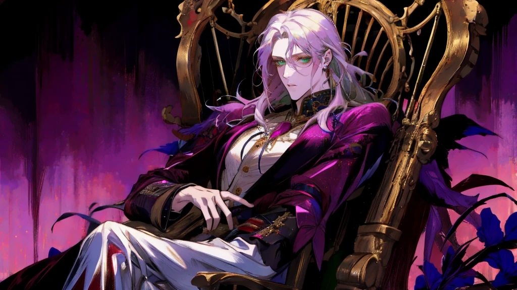 ((1 male)). ((manly:1.2)), Create a detailed portrait of a man with long hair that transitions from black at the roots to lavender at the ends, styled in an ombre effect. His hair is meticulously tied back in a sleek ponytail with no bangs. He has striking green eyes that contrast with his pale skin, adding a hint of vibrancy to his exhausted appearance. His face is etched with fatigue and weariness, reflecting the toll of extensive obsession, with dark circles under his eyes and a slightly furrowed brow. He is dressed in baggy, cyberpunk-style clothing in black and white shades, which drape loosely over his slender frame. The setting is a dark, cluttered room, resembling a torture chamber, illuminated by cold, dim lighting that casts long shadows, enhancing the oppressive and sinister atmosphere. The man is sitting on a chair, with a dynamic, slightly slouched pose, as if caught between rest and alertness. His eyes have a haunting, obsessive glint. The background features a golden cage and various ominous instruments and devices, reinforcing the sense of a dystopian, worn-out world. Add elements of eerie laughter and faint, unsettling noises to enhance the theme of obsession and dark intent. [yoshitaka amano character design grief despair lustful innocence] [Style by NTY male Dark colorful]