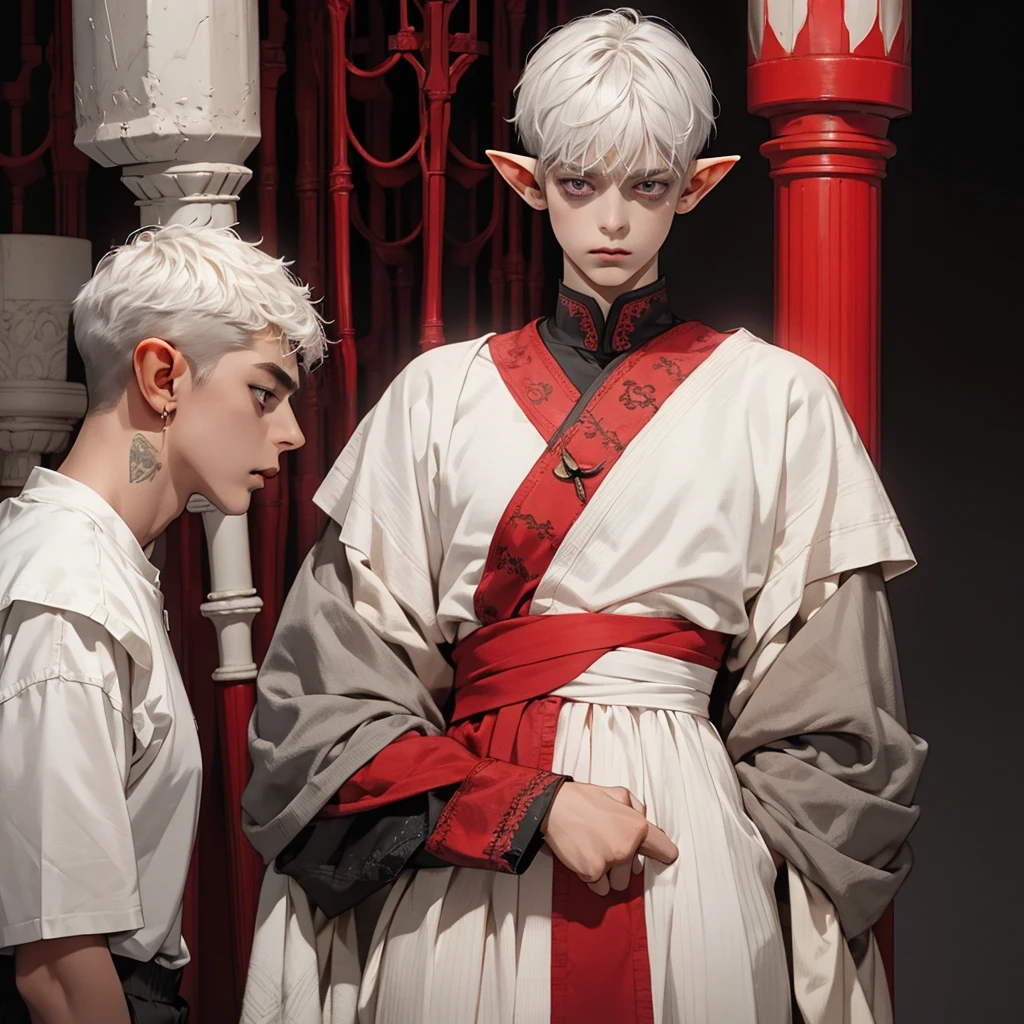 yung Elf,ager, grey skin, White short hair, red eyes, dark clothes, black face patterns. full height. sad, tired