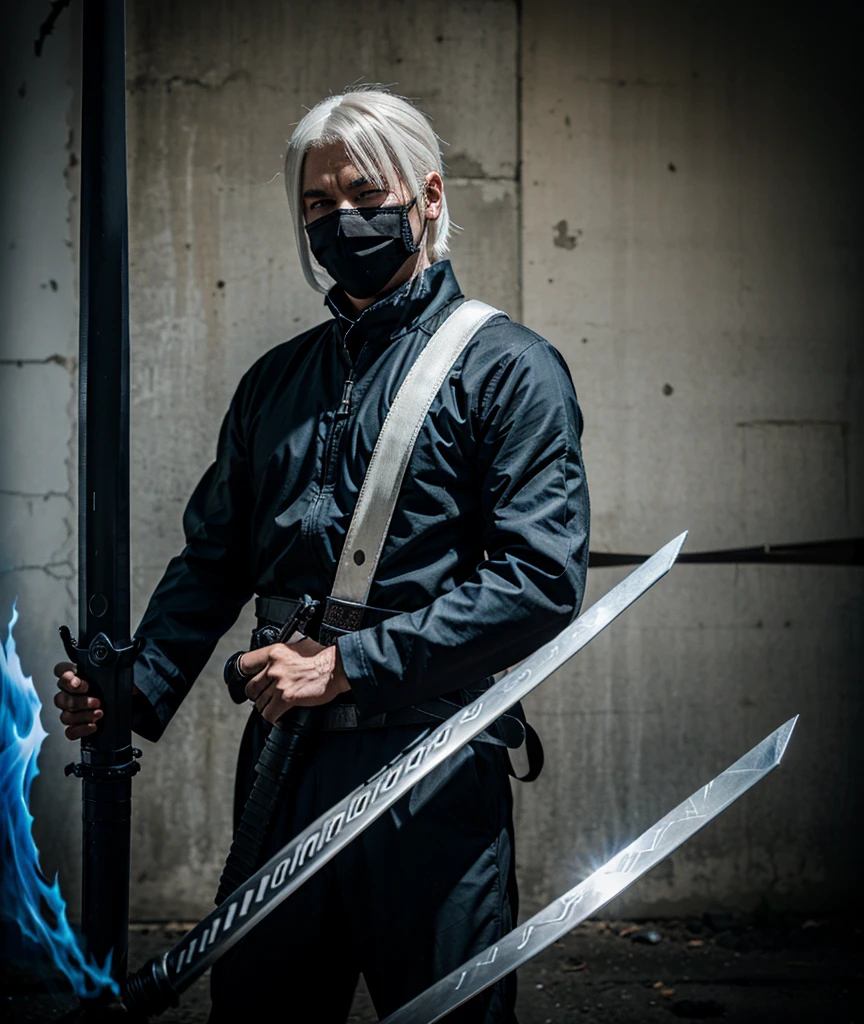 A man with gun and katana. Stand in front of a demon. Wearing black ninja suit. White hair. Mask. Blue fire from demon.