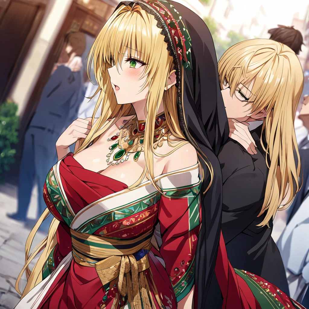 A woman is raped and violated by a man、((Highest quality)), ((masterpiece)), (detailed), (Perfect Face)、The woman is an Italian Tierra, and is seen in the streets of Italy wearing the gorgeous and glittering Italian traditional Sardinian costume, a lavishly decorated velvet jacket, a long veil, gorgeous jeweled accessories and an engagement ring.、The woman is an elegant Italian tiare with green eyes and blonde medium-long hair. The woman is wearing a velvet jacket decorated with the Italian national costume of Sardinia and a long veil.