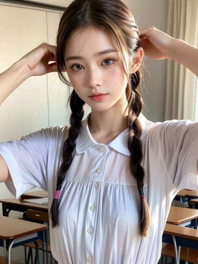(masterpiece,Best quality,high quality,high risk,Ultra Detailed),8K,masterpiece,RAW photos,best quality,Reality, intricate detail face,1 Girl,Detailed fabric texture,School,classroom,20 years old,Upper Body,(Short-sleeved shirt,Show your armpits,Braids:1.5
