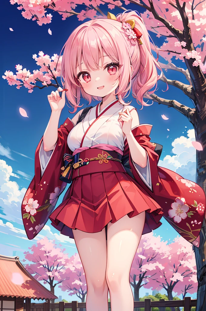 ((Masterpiece)),((high resolution)),((Best Quality)),Anime illustration,(((1girl))),,(wavy hair),(short hair),(pale pink hair color),small ponytail,Red eyes,(Big round eyes),((tareme)),15 years old,((loli face)),((very big breasts)),Short stature,,kimono,mini skirt,smile,Ladylike,cherry blossoms,