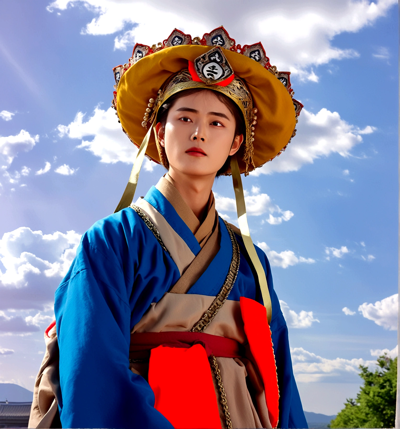 1boy, solo, looking at viewer, long sleeves, hat, closed mouth, upper body, outdoors, sky, day, cloud, blue sky, cloudy sky, crown, robe, korean clothes, traditional clothes, hanbok