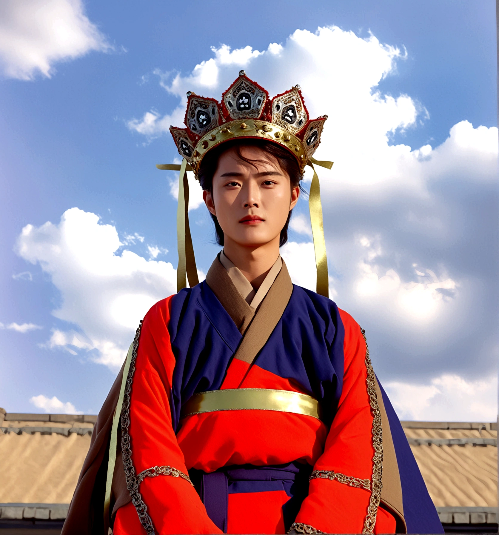 1boy, solo, looking at viewer, long sleeves, hat, closed mouth, upper body, outdoors, sky, day, cloud, blue sky, cloudy sky, crown, robe, korean clothes, traditional clothes, hanbok
