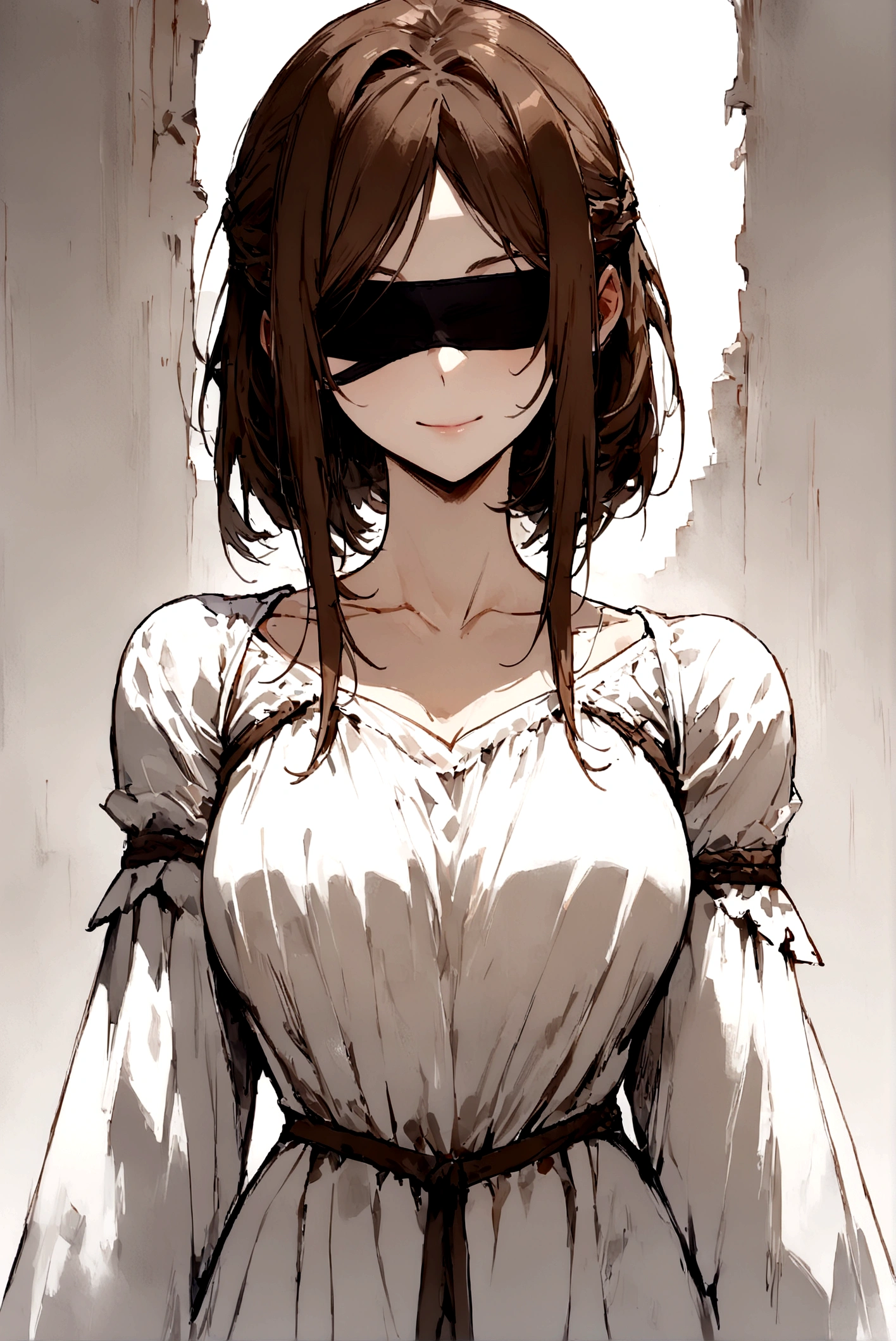 ((masterpiece)), ((best quality)), (from front, facing front:1.32), (close-up:1.2), (half-body shot:1.36), (middle part hairstyle), perfect anatomy, 1girl, solo, adult woman, short brown straight hair, blindfolded, basic medieval white loose dress, holding a paintbrush, smiling