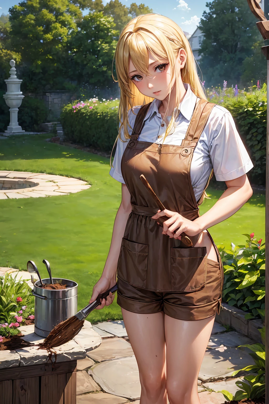 ((Female, blonde hair, brown eyes, in a garden, wearing dirty apron and shorts,   body, gardener, 4k, great quality))