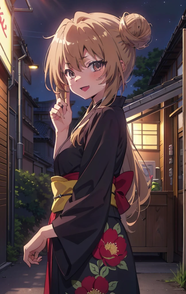 taiga aisaka, taiga aisaka, Long Hair, Brown Hair, Brown eyes,happy smile, smile, Open your mouth,Squint your eyes,Hair Bun, single  Hair Bun,Black kimono,Thick sleeves,日本のfestival,夏festivalの屋台,Red lantern,night,night空の花火,Fireworks,The place is a fireworks display,時間はnightです,sunny day,turn around,As if your whole body is in the illustration,Walking,　　　　　　　　　　　　　　　  　　　　　break looking at viewer, Upper Body, (Cowboy Shot:1. 5),  　　　　　
break outdoors, festival,shrine,
break (masterpiece:1.2), Highest quality, High resolution, unity 8k wallpaper, (shape:0.8), (Beautiful attention to detail:1.6), Highly detailed face, Perfect lighting, Highly detailed CG, (Perfect hands, Perfect Anatomy),