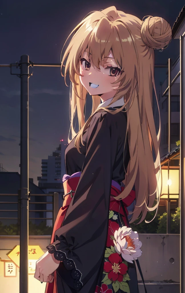 taiga aisaka, taiga aisaka, Long Hair, Brown Hair, Brown eyes,happy smile, smile, Open your mouth,Squint your eyes,Hair Bun, single Hair Bun,Black kimono,Thick sleeves,日本のfestival,夏festivalの屋台,Red lantern,night,night空の花火,Fireworks,The place is a fireworks display,時間はnightです,sunny day,turn around,As if your whole body is in the illustration,Walking, break looking at viewer, Upper Body, (Cowboy Shot:1. 5),
break outdoors, festival,shrine,
break (masterpiece:1.2), Highest quality, High resolution, unity 8k wallpaper, (shape:0.8), (Beautiful attention to detail:1.6), Highly detailed face, Perfect lighting, Highly detailed CG, (Perfect hands, Perfect Anatomy),