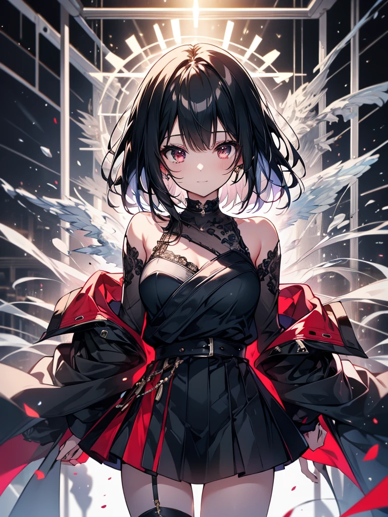 (masterpiece, highest quality, highest quality, (No text), Beautiful and aesthetic:1.2),No text,アニメ、BREAK,One Girl,Black Hair Girl short hair older sister choker Tree Eyes Beautiful eyes Red eyes cool smile Red and Black Black jacket mini skirt whole body In town