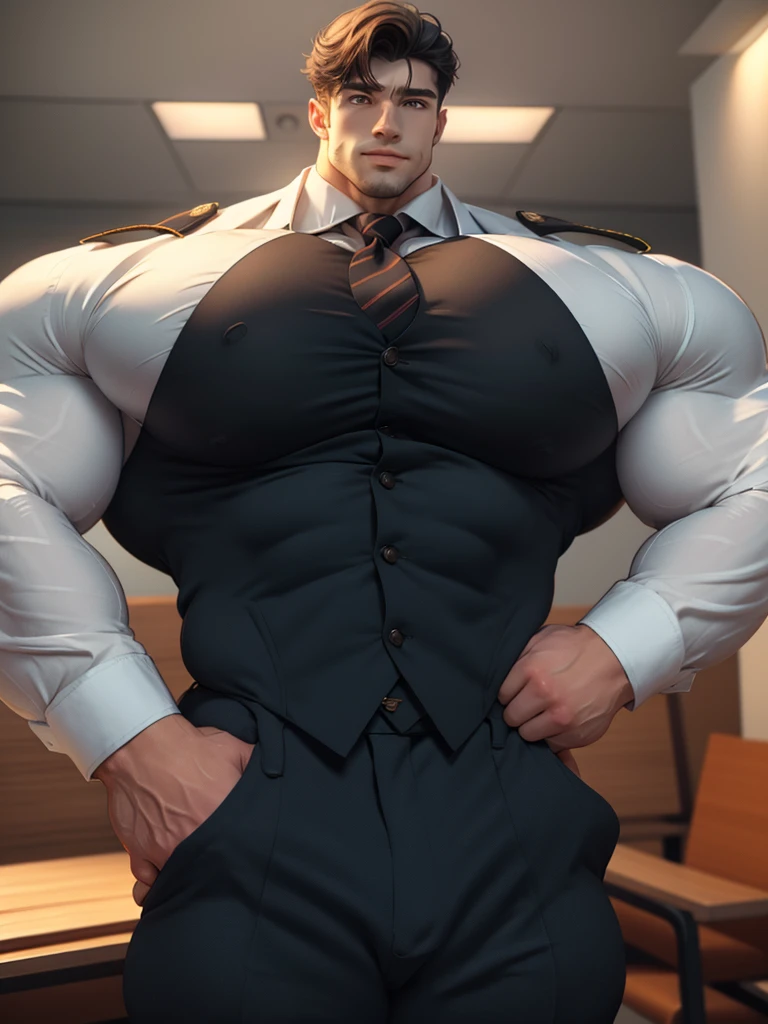 best quality,masterpiece,1boy, men,A handsome,mature man, militar. Looking at viewer, model shot. Brutalmass, giant, muscular physique, bulk. His features are well-proportioned and symmetrical,giving him a classic and handsome appearance. He is dressed in a stylish and sophisticated outfit,comprising a tailored suit jacket,crisp white shirt,and sleek black pants. Overall,the man exudes charisma,charm,and an air of sophistication and refinement.,Gothic,skyscraper,wood,
