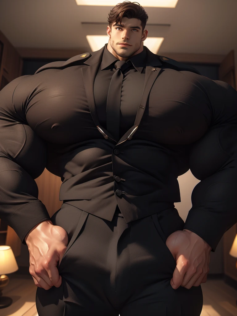 best quality,masterpiece,1boy, men,A handsome,mature man, militar. Looking at viewer, model shot. Brutalmass, giant, muscular physique, bulk. His features are well-proportioned and symmetrical,giving him a classic and handsome appearance. He is dressed in a stylish and sophisticated outfit,comprising a tailored suit jacket,crisp white shirt,and sleek black pants. Overall,the man exudes charisma,charm,and an air of sophistication and refinement.,Gothic,skyscraper,wood,