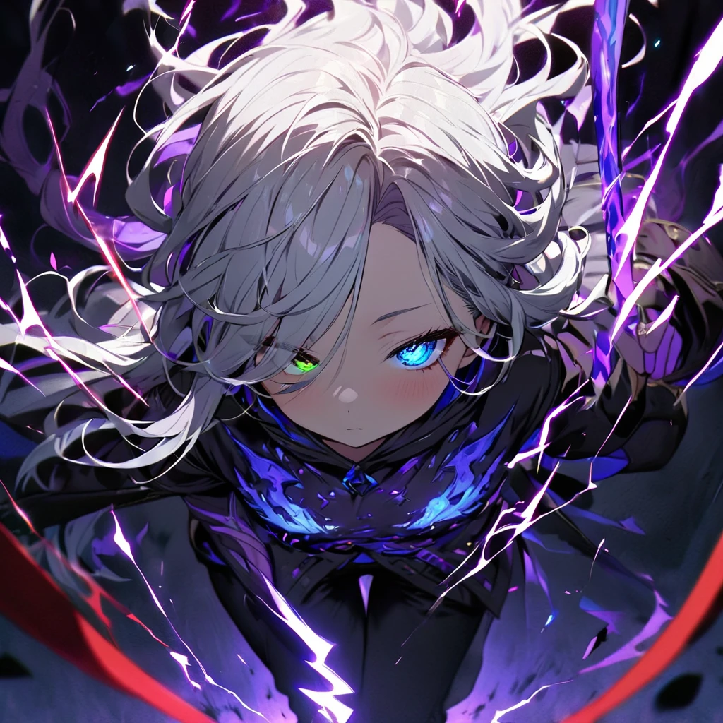 elementary, Shadow Surrounding Girl, lightning, Green Aura, Red aura, Purple aura, Flames surrounding the girl, masterpiece, Dark Theme, Highest quality, Maximum details, Very fine eye, Professional coloring, cinematic lightning, Remaining, Written boundary depth, Backlight, One Girl, Young girl, Silver Hair, Long Hair, Hair between the eyes, Black Halo, Shining blue sea, Blue Flame, Large, black, translucent magical wings on his back, Fantasy-inspired costumes, Black long coat, shirt, Black trousers, Expressionless, heterochromatic eyes, Heterochromia iridis, Purple left eye, Blue right eye, Odd Eye, Glowing Eyes, Show a close-up of your face, Facing forward, Countless magical swords are floating, Slashing Effects
