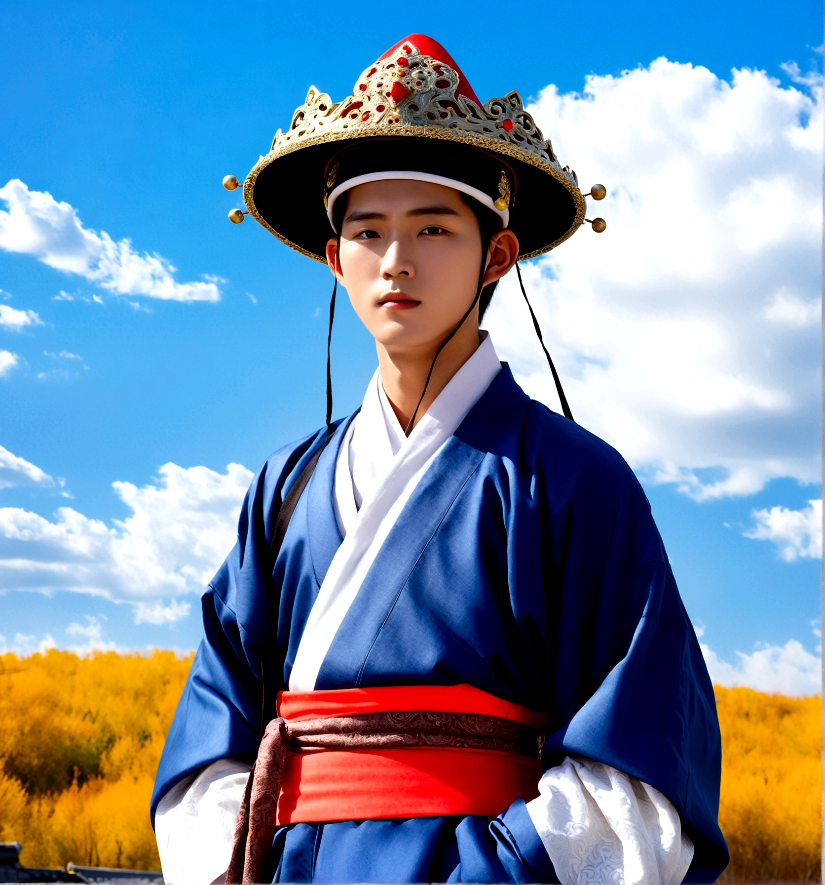 1boy, solo, looking at viewer, long sleeves, hat, closed mouth, upper body, outdoors, sky, day, cloud, blue sky, cloudy sky, crown, robe, korean clothes, traditional clothes, hanbok