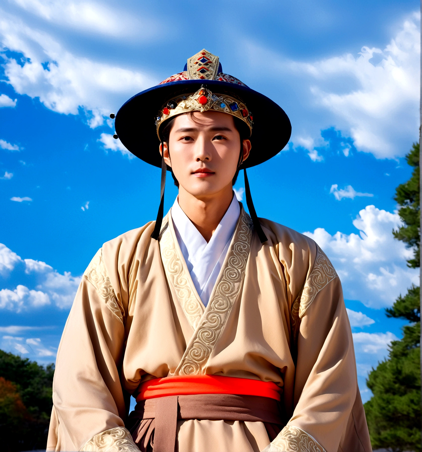 1boy, solo, looking at viewer, long sleeves, hat, closed mouth, upper body, outdoors, sky, day, cloud, blue sky, cloudy sky, crown, robe, korean clothes, traditional clothes, hanbok