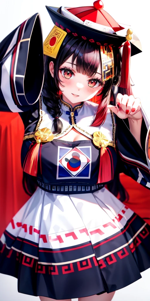 masterpiece, best quality, 4k, 8k, 1 woman, solo, tall stature, long hair, blunt bangs, side braid, black hair, droopy eyes, big eyes, ruby red eye, lemon yellow eye, black eyeliner, black eye shadow, heterochromia, slender frame, evil smile, ofuda, jiangshi costume:1.2, fang, horror, coffin, forest, night, midnight, fog, from front, cowboy shot, look at viewer, paw pose,