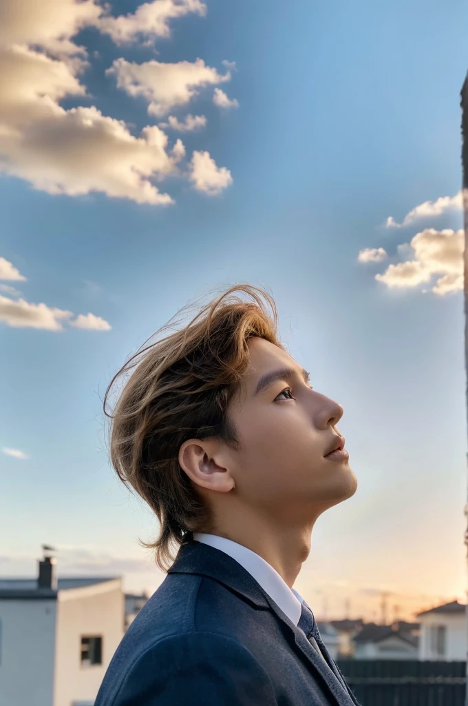 Beautiful and handsome very realistic curly-ish blonde-caramel haired kinda young asian male boy looking up in a open area with a house in the background and a light blue kinda cloudy sky, frontal vision