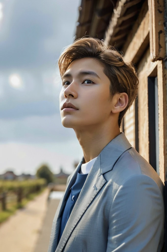 Beautiful and handsome very realistic curly-ish blonde-caramel haired kinda young asian male boy looking up in a open area with a house in the background and a light blue kinda cloudy sky, frontal vision