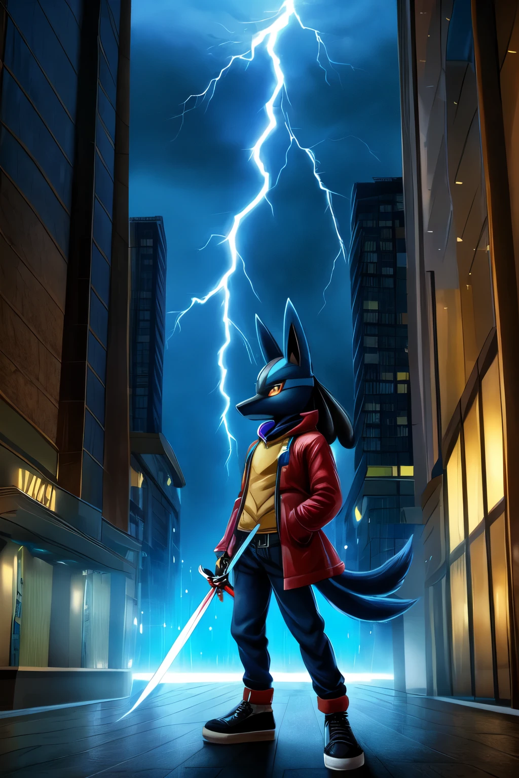 ((best quality)), ((masterpiece)), (detailed), 1boy, sad, anubis, god anubis, lucario, pokemon, jacket, pants, shoes, holding two swords, two swords, lightning, thunder, storm, hotel, blue glowing eyes, furry, kemono