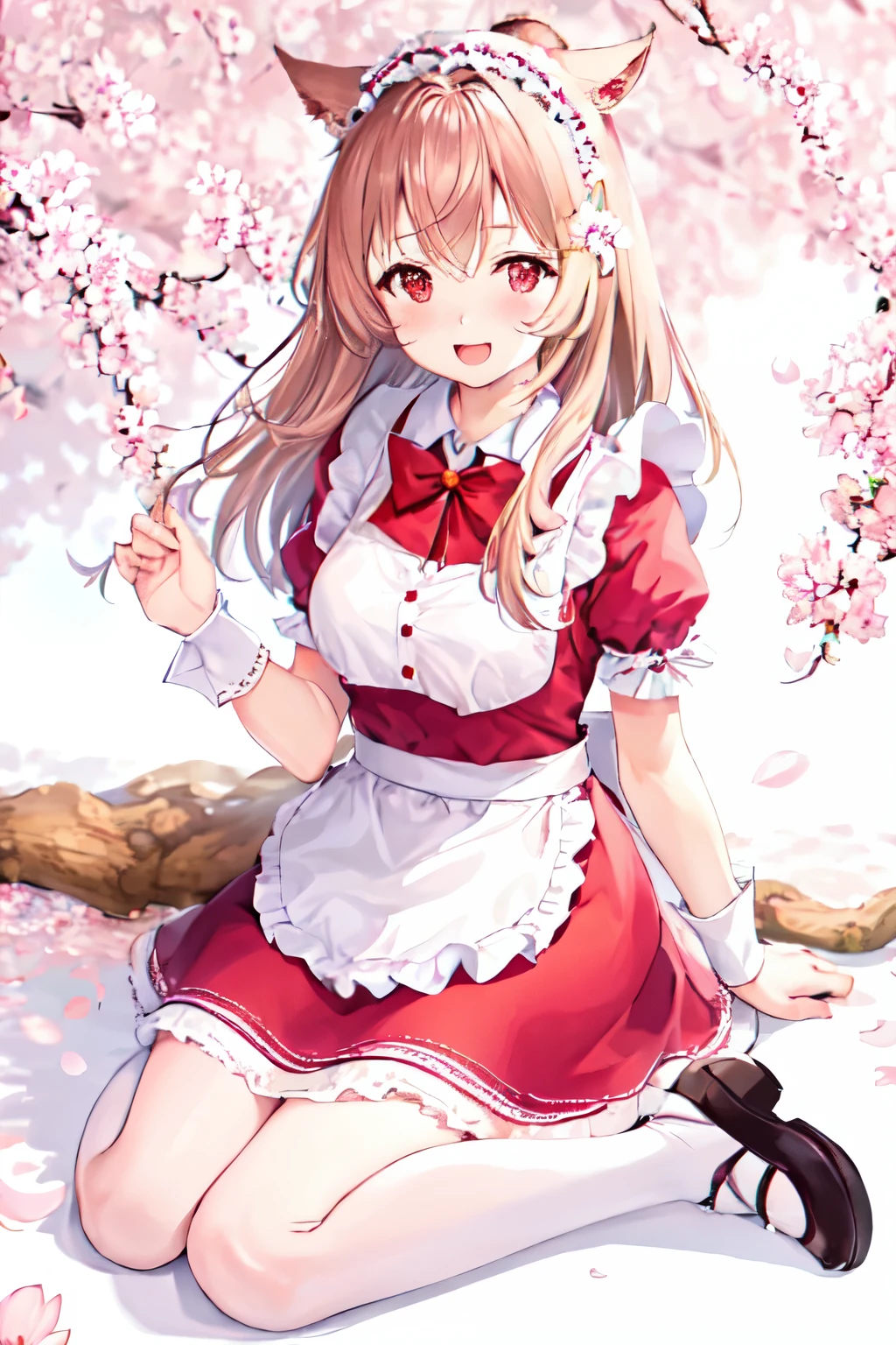 1girl, animal_ear_fluff, animal_ears, apron, bangs, blush, bow, bowtie, branch, breasts, brown_hair, cat_ears, cat_tail, cherry_blossoms, daisy, dango, dress, enmaided, eyebrows_visible_through_hair, falling_petals, floral_background, flower, frilled_apron, frills, hair_between_eyes, hair_ornament, hanami, headdress, high_heels, holding, holding_flower, lily_\(flower\), long_hair, looking_at_viewer, lotus, maid, maid_apron, maid_headdress, medium_breasts, miqo'te, open_mouth, petals, petals_on_liquid, pink_flower, plum_blossoms, puffy_short_sleeves, puffy_sleeves, red_eyes, red_footwear, red_skirt, sanshoku_dango, shirt, shoes, short_sleeves, sitting, skirt, smile, solo, spring_\(season\), tail_ornament, vase, wagashi, waist_apron, white_apron, white_flower, white_legwear, white_shirt, wisteria, wrist_cuffs , (masterpiece:1.2, best quality:1.1, highres,absurdres, high quality),(photorealistic:1.1