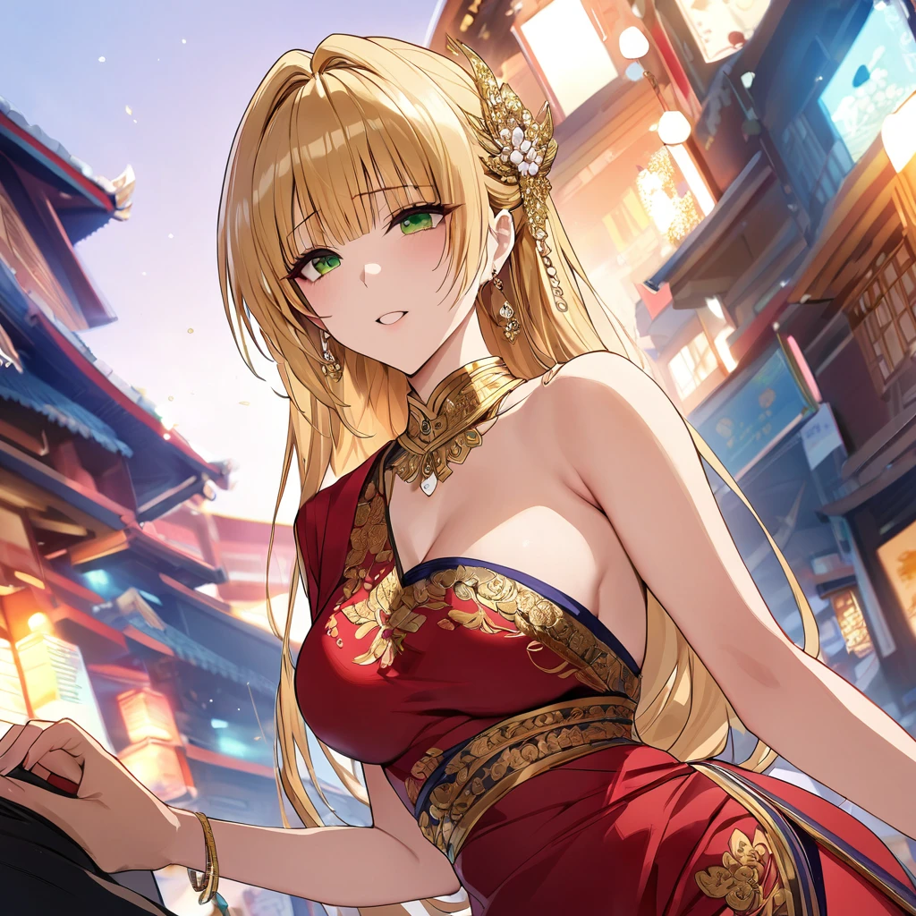 ((Highest quality)), ((masterpiece)), (detailed), （Perfect Face）、The woman is a Thai Tiay, wearing a gorgeous, glittering one-shoulder Thai dress with gold embroidery in the streets of Thailand, and is wearing gorgeous jeweled accessories and an engagement ring.、The woman is an elegant Thai lady with green eyes and medium-long blonde hair. She is wearing a gorgeous one-shoulder Thai dress.