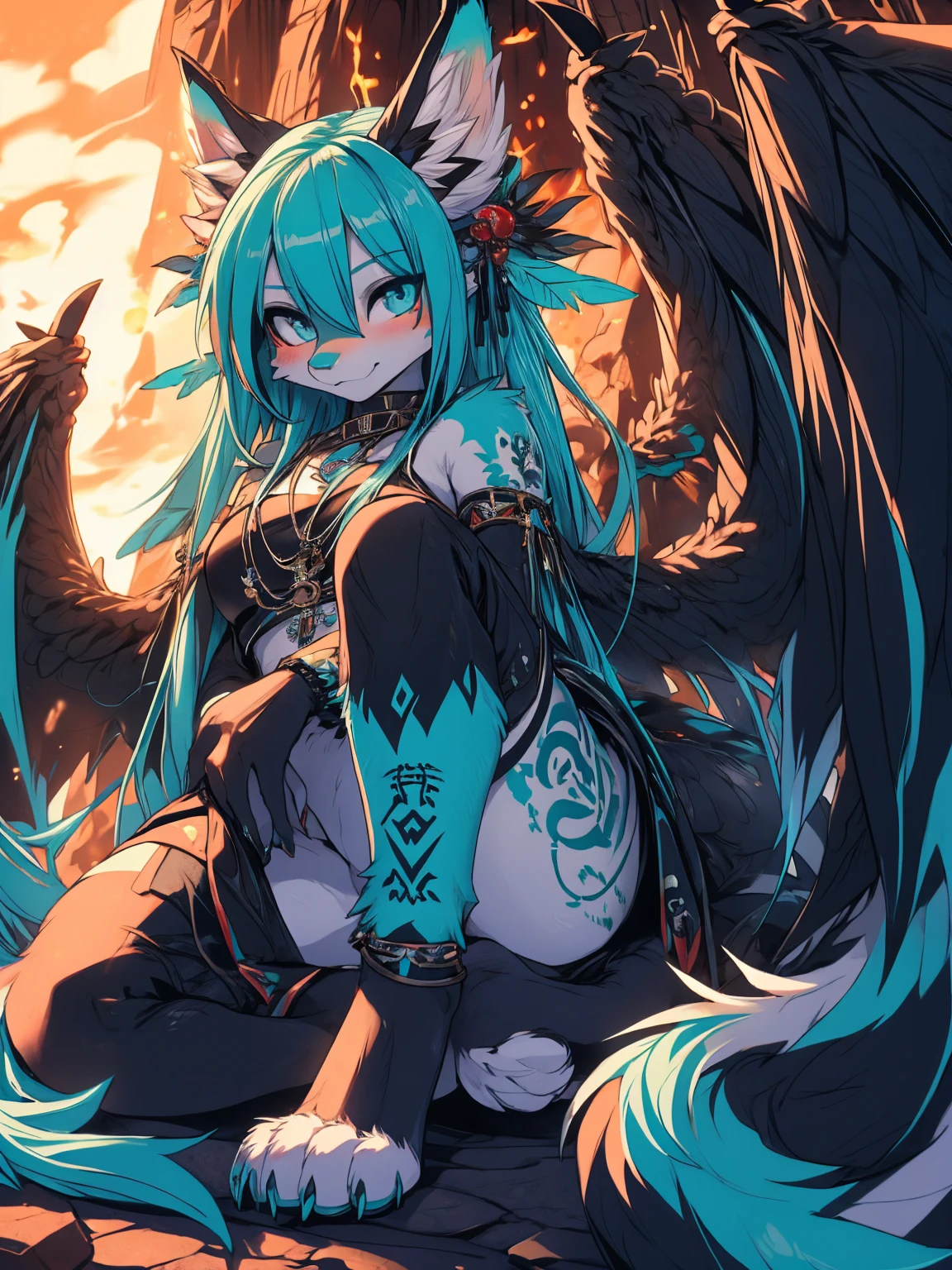 Miku Hatsune, add high definition_detail:1, blue fur,kitsune ears, tribal tattoo add_detail:1, in hell add_detail, barefoot, the same, giant black feather wings add_detail:1 ,alas hermosas la mejor calidad y detail en las flumas, blue saturation light