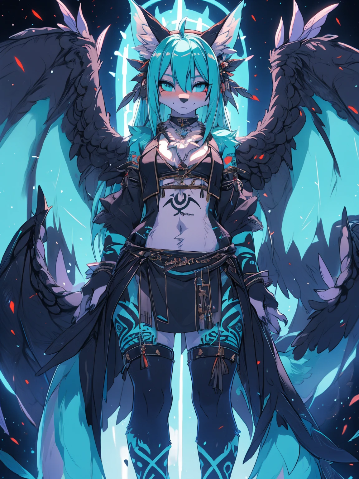 Miku Hatsune, add high definition_detail:1, blue fur,kitsune ears, tribal tattoo add_detail:1, in hell add_detail, barefoot, the same, giant black feather wings add_detail:1 ,alas hermosas la mejor calidad y detail en las flumas, blue saturation light